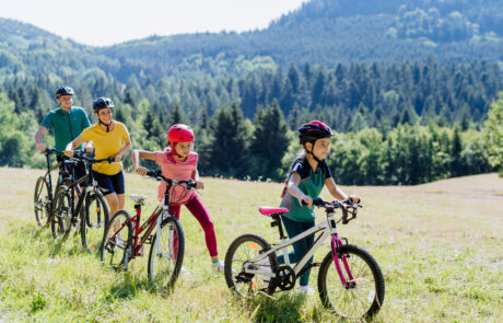 Young family with little children at bike trip together in nature.