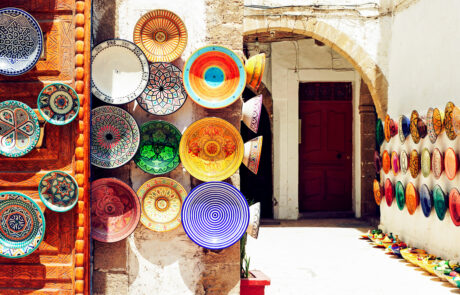 Traditional arabic handcrafted, colorful decorated plates shot a