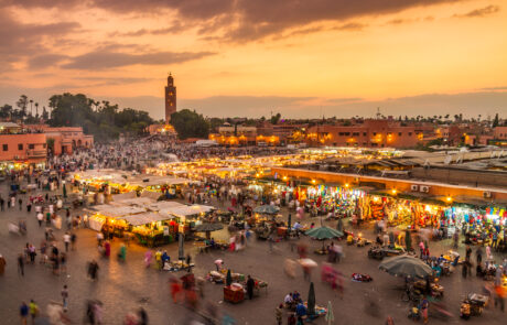 Jamaa el Fna market square in sunset, Marrakesh, Morocco, north Africa.